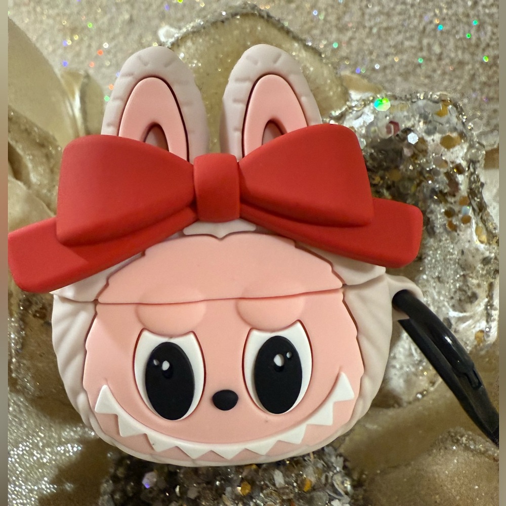 Labubu Shape Silicone Cute AirPods Case with Red bow.